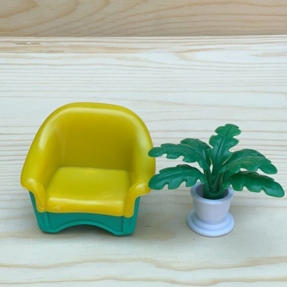 Miniature Dollhouse Yellow Green Chair Plant Pot Plastic Set - Picture 1 of 3